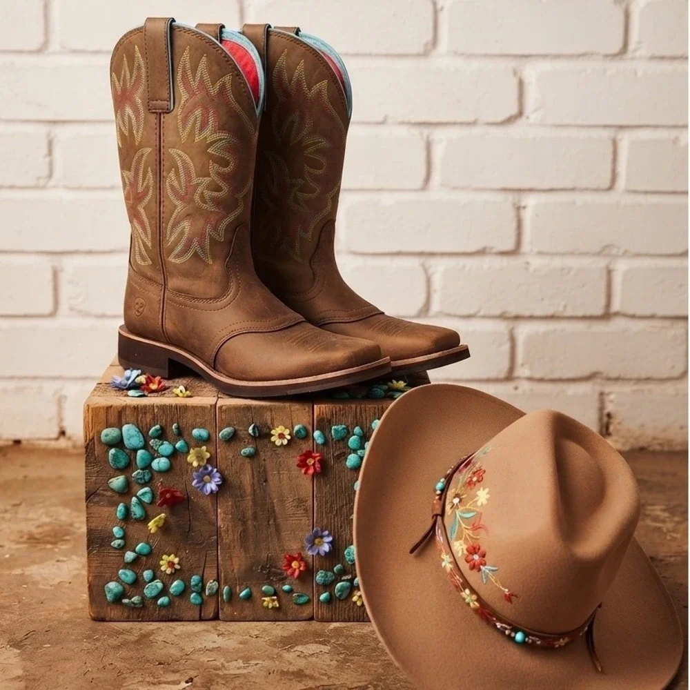 Ariat Fatbaby Western Boots Brown Leather Square Toe Turquoise Trim festival -7